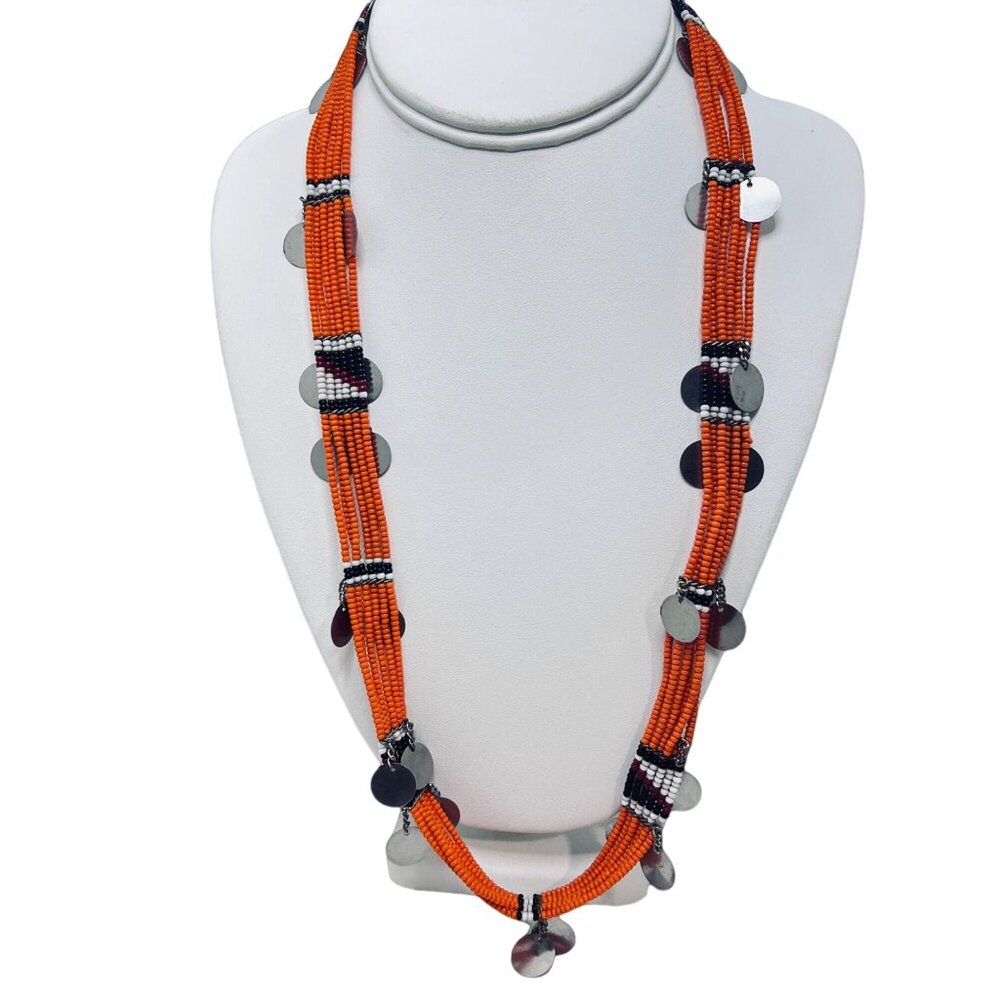 Multi Strand Orange, Black & White Seed Bead Necklace W/Dangling Circles (5468)